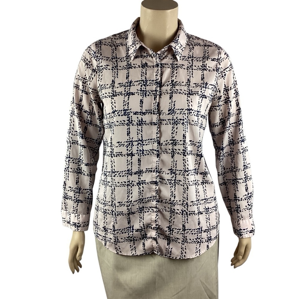 Karl Lagerfeld Paris Blouse XL Navy Pink Windowpane Print Button Down Top